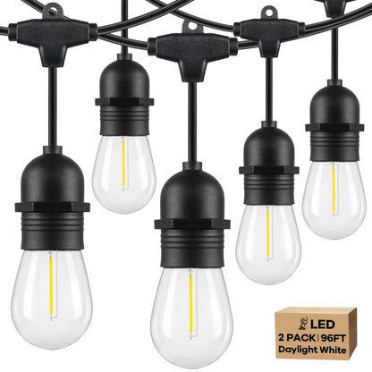 Lakumu 2-Pack 96FT Outdoor String Lights — 5000K Daylight LED, Dimmable & Linkable