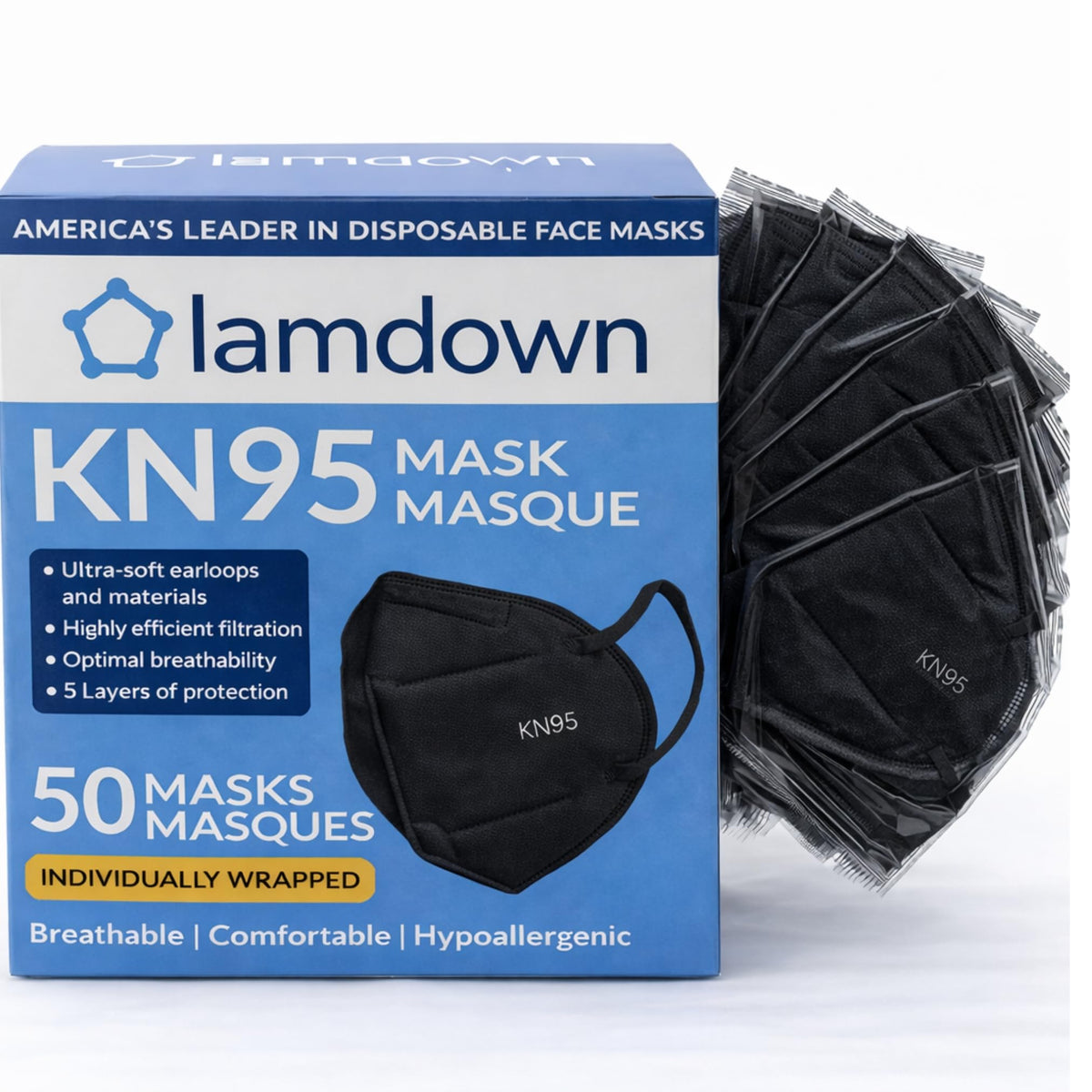 Lamdown 50-Pack KN95 Face Masks – Individually Wrapped, Black, 5-Layer Protection