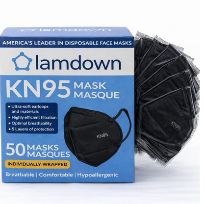 Lamdown 50-Pack KN95 Face Masks – Individually Wrapped, Black, 5-Layer Protection