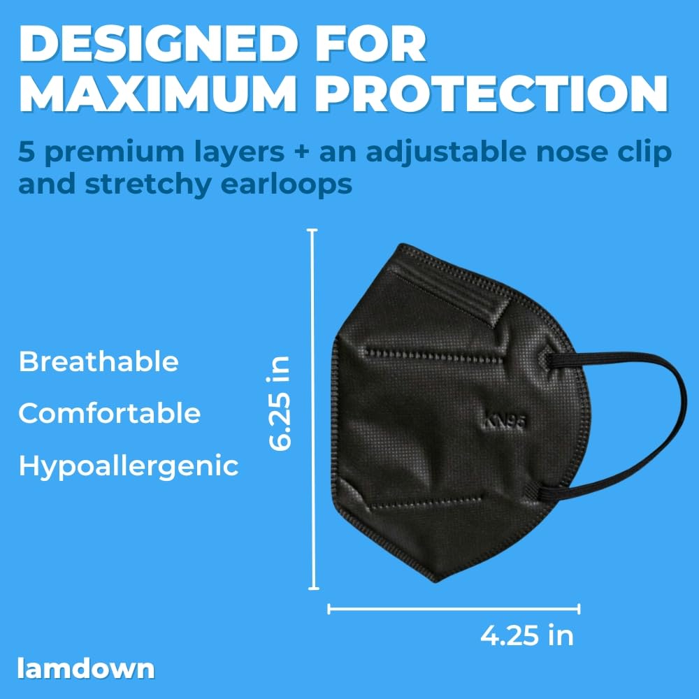 Lamdown 50-Pack KN95 Face Masks – Individually Wrapped, Black, 5-Layer Protection