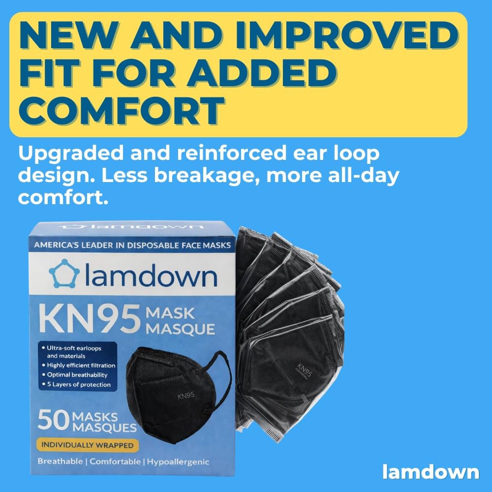 Lamdown 50-Pack KN95 Face Masks – Individually Wrapped, Black, 5-Layer Protection