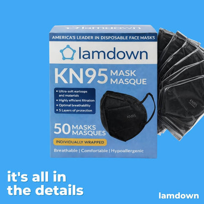 Lamdown 50-Pack KN95 Face Masks – Individually Wrapped, Black, 5-Layer Protection