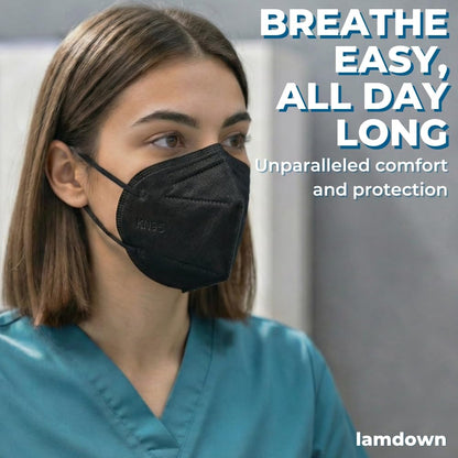 Lamdown 50-Pack KN95 Face Masks – Individually Wrapped, Black, 5-Layer Protection