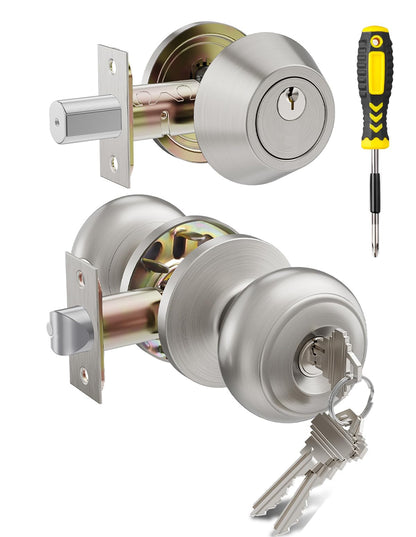 Lanwandeng 1 Set All Keyed Alike Entry Door Knobs & Single Cylinder Deadbolt — Satin Nickel Front Door Lock Set