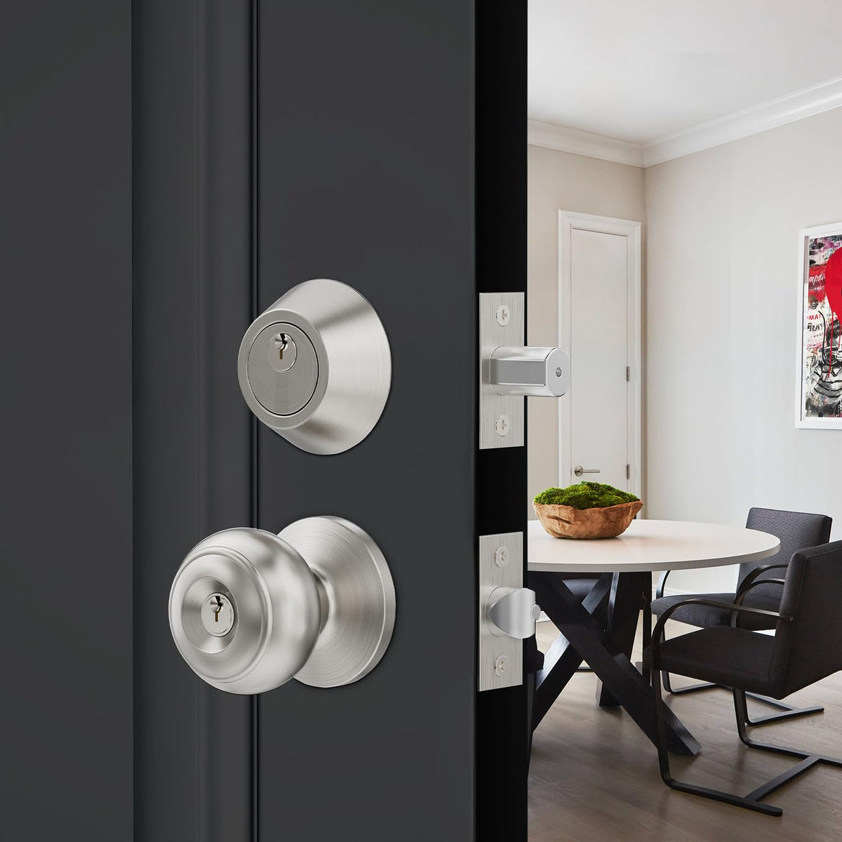 Lanwandeng 1 Set All Keyed Alike Entry Door Knobs & Single Cylinder Deadbolt — Satin Nickel Front Door Lock Set