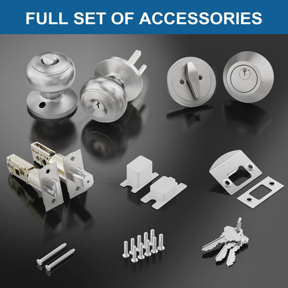 Lanwandeng 1 Set All Keyed Alike Entry Door Knobs & Single Cylinder Deadbolt — Satin Nickel Front Door Lock Set