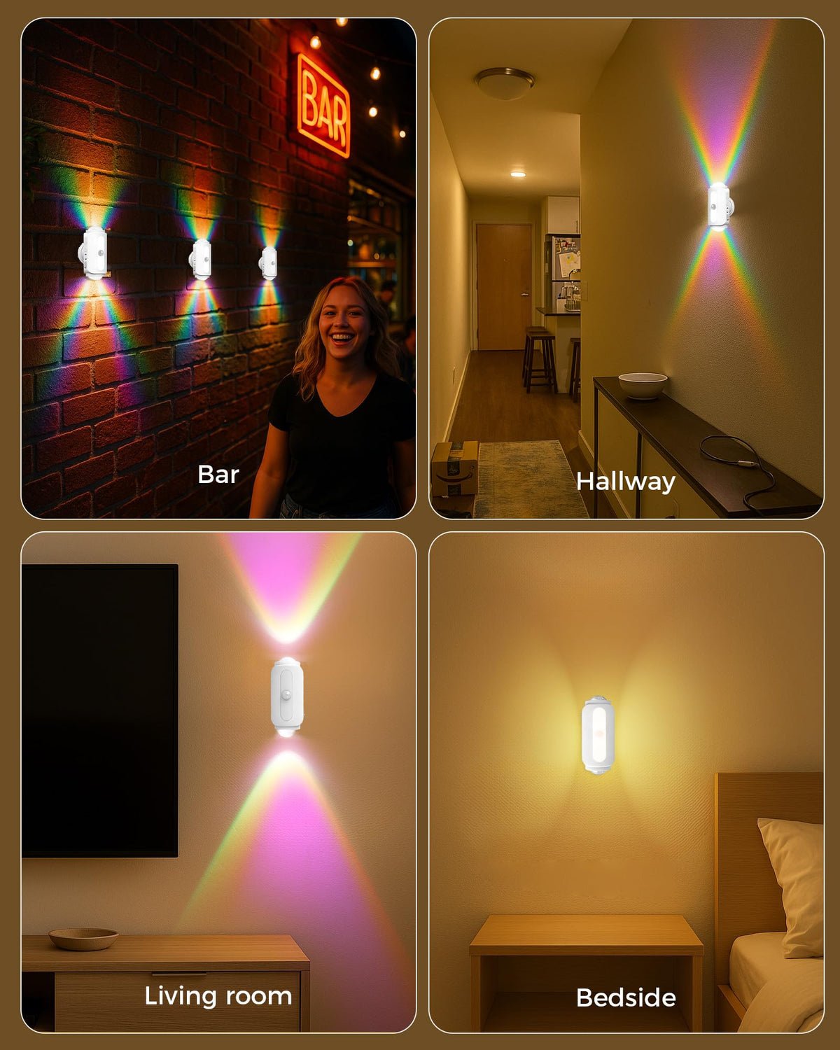 Lazukes Motion Sensor Wall Light 2-Pack — Rechargeable RGB Sconce, No-Drill Peel & Stick