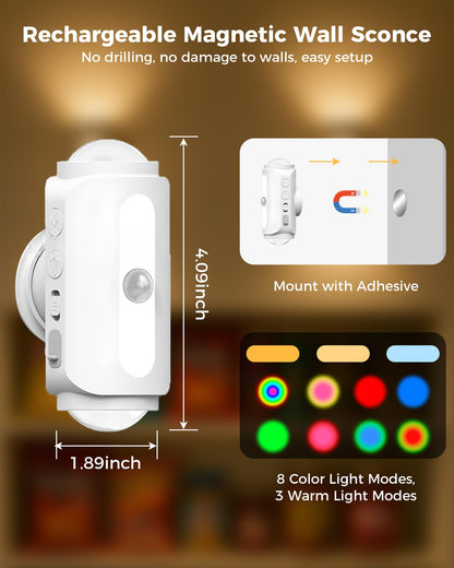 Lazukes Motion Sensor Wall Light 2-Pack — Rechargeable RGB Sconce, No-Drill Peel & Stick