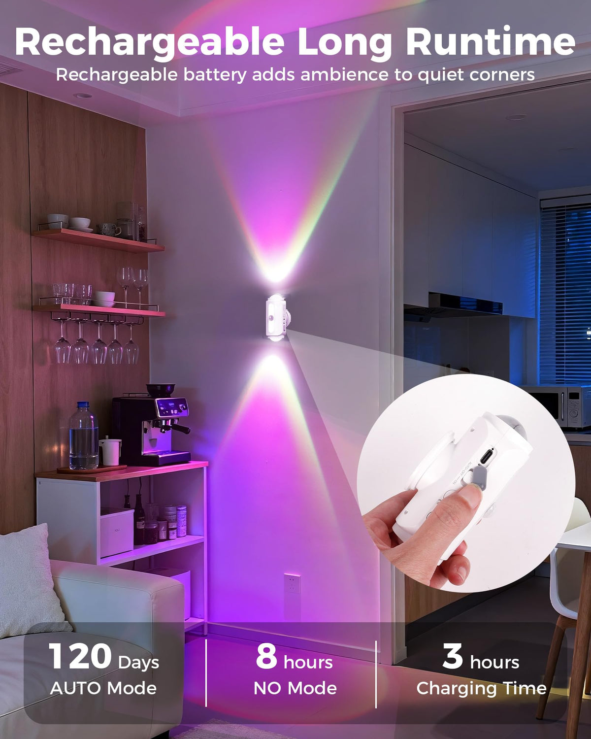 Lazukes Motion Sensor Wall Light 2-Pack — Rechargeable RGB Sconce, No-Drill Peel & Stick