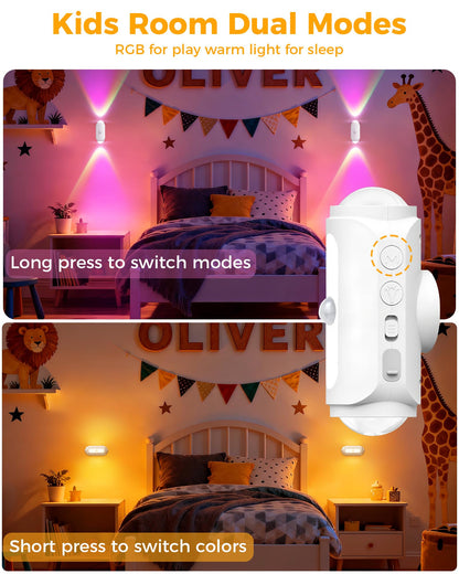 Lazukes Motion Sensor Wall Light 2-Pack — Rechargeable RGB Sconce, No-Drill Peel & Stick