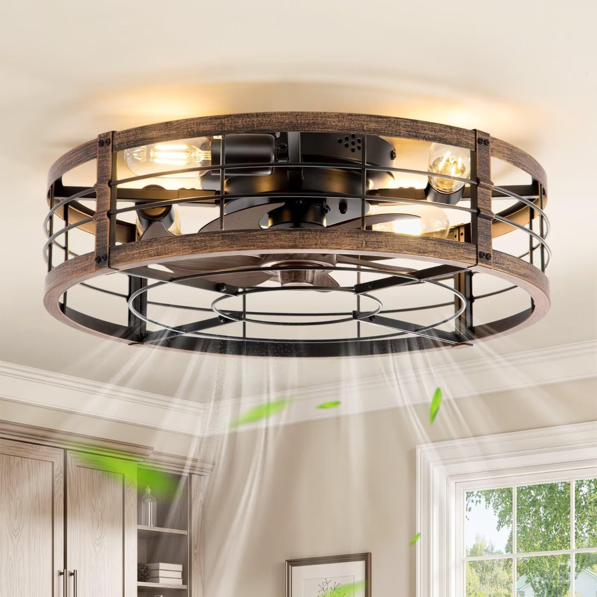 LEDIARY 20-Inch Caged Ceiling Fan with Light & Remote — Low-Profile Black Gold Fandelier
