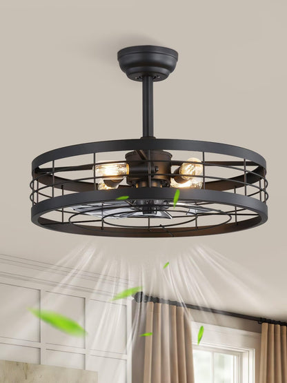 LEDIARY 22-Inch Black Caged Ceiling Fan with Light — Remote, 6 Speeds, Timing