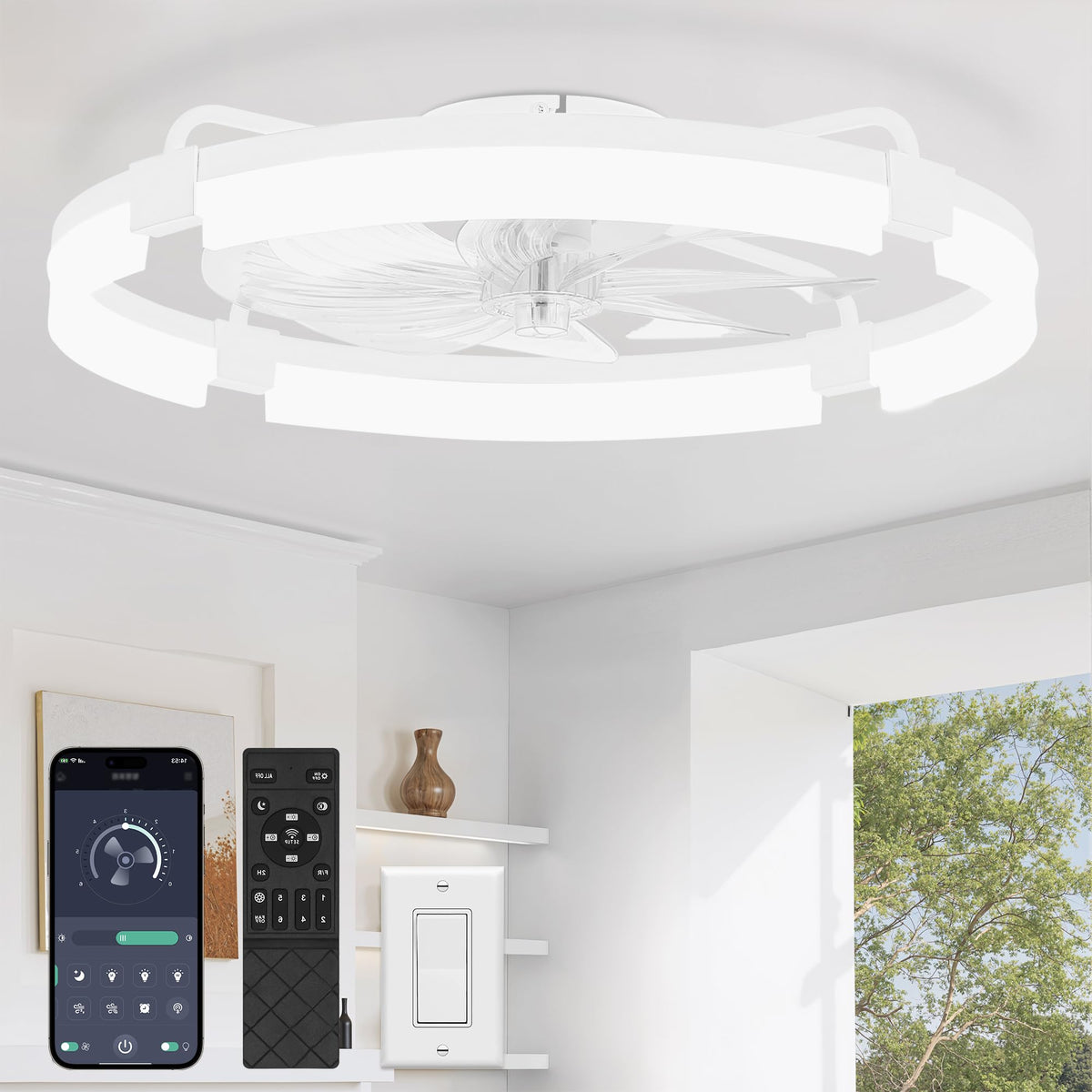 LEDIARY 24-inch Ceiling Fans with Lights & Remote — Low Profile Flush Mount, 3 CCT, Stepless Dimming, 6-Speed DC Motor, App & Remote