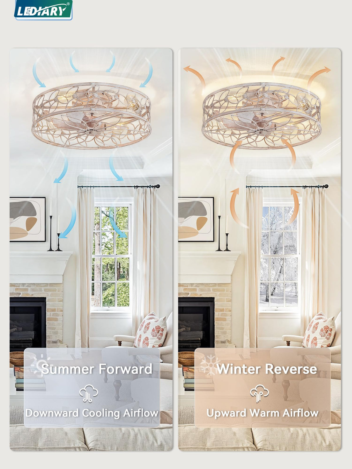 LEDIARY 23-Inch Caged Ceiling Fan with Lights - White/Gold, Remote & App Control