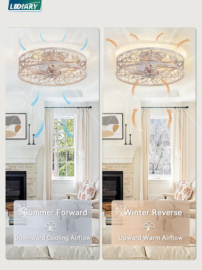 LEDIARY 23-Inch Caged Ceiling Fan with Lights - White/Gold, Remote & App Control
