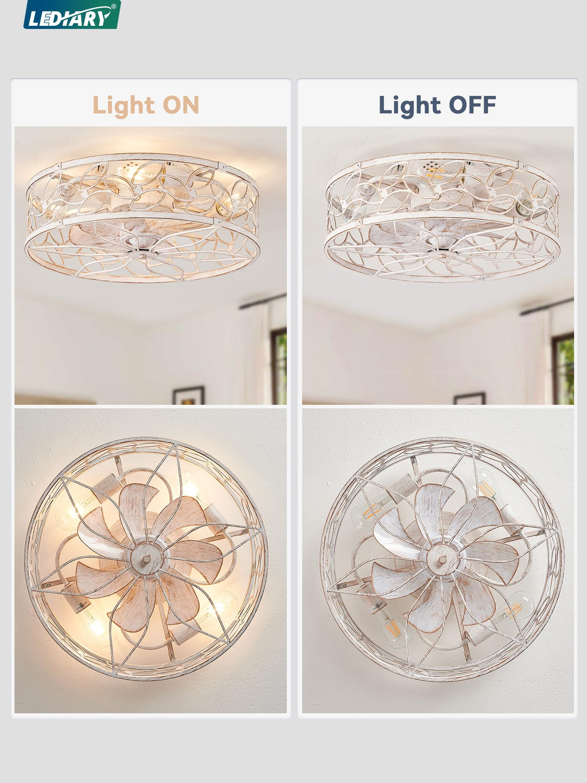 LEDIARY Caged Ceiling Fan with Lights — White Gold Flush Mount, Remote & App Control