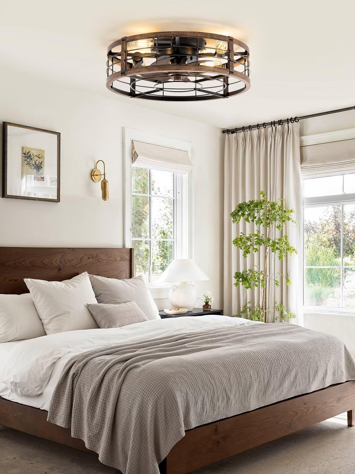 LEDIARY 20-Inch Caged Ceiling Fan with Light & Remote — Low-Profile Black Gold Fandelier