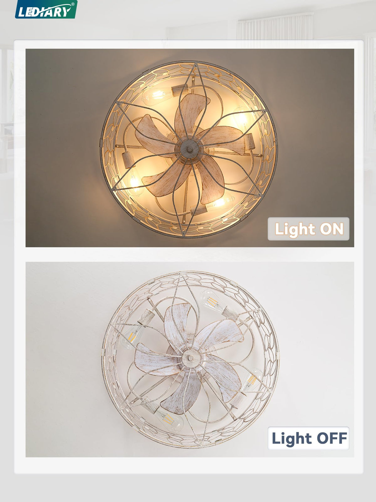 LEDIARY 23-Inch Caged Ceiling Fan with Lights - White/Gold, Remote & App Control