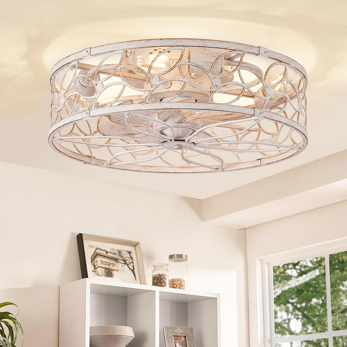 LEDIARY Caged Ceiling Fan with Lights — White Gold Flush Mount, Remote & App Control