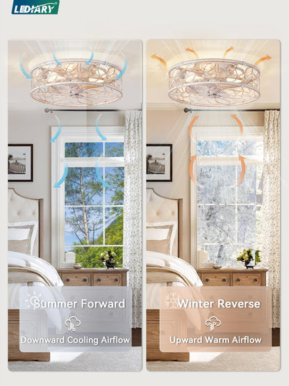 LEDIARY Caged Ceiling Fan with Lights — White Gold Flush Mount, Remote & App Control