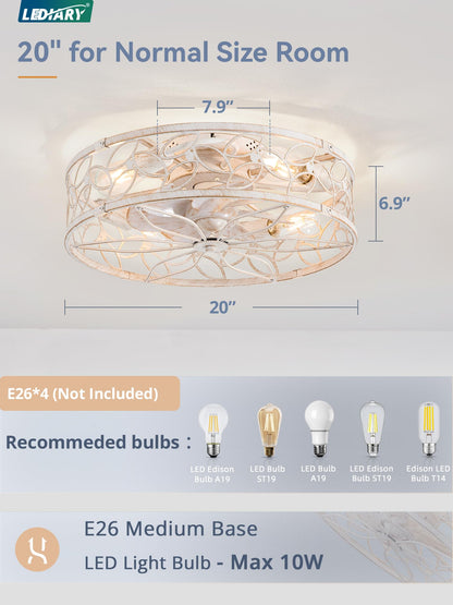 LEDIARY 20-Inch Caged Ceiling Fan with Lights Remote & App Control (White Gold)