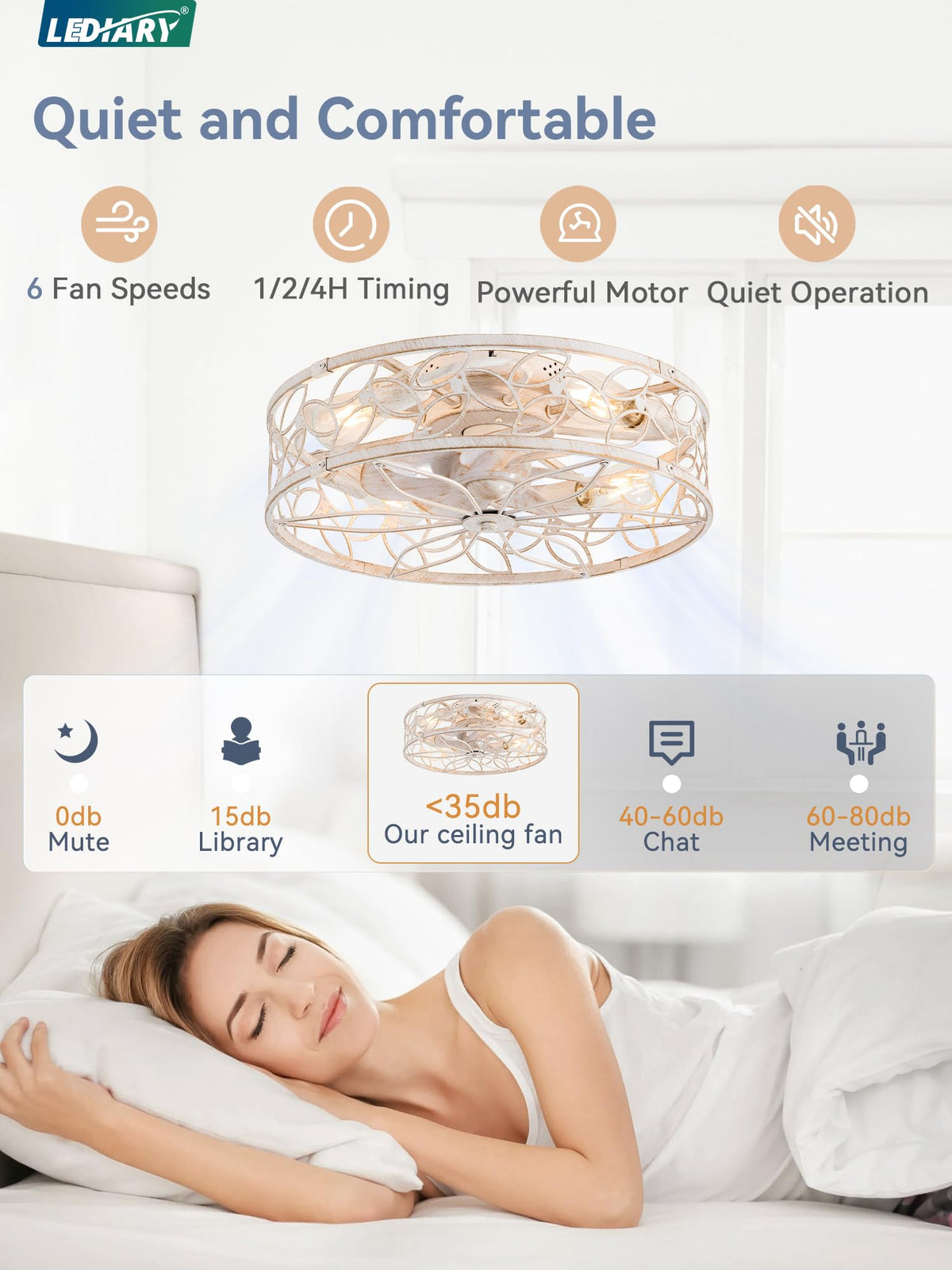 LEDIARY 20-Inch Caged Ceiling Fan with Lights Remote & App Control (White Gold)