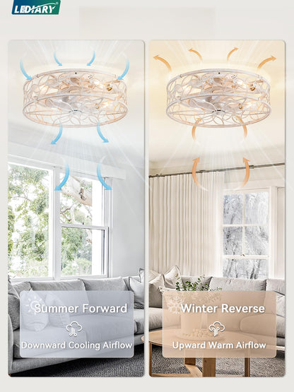 LEDIARY 20-Inch Caged Ceiling Fan with Lights Remote & App Control (White Gold)