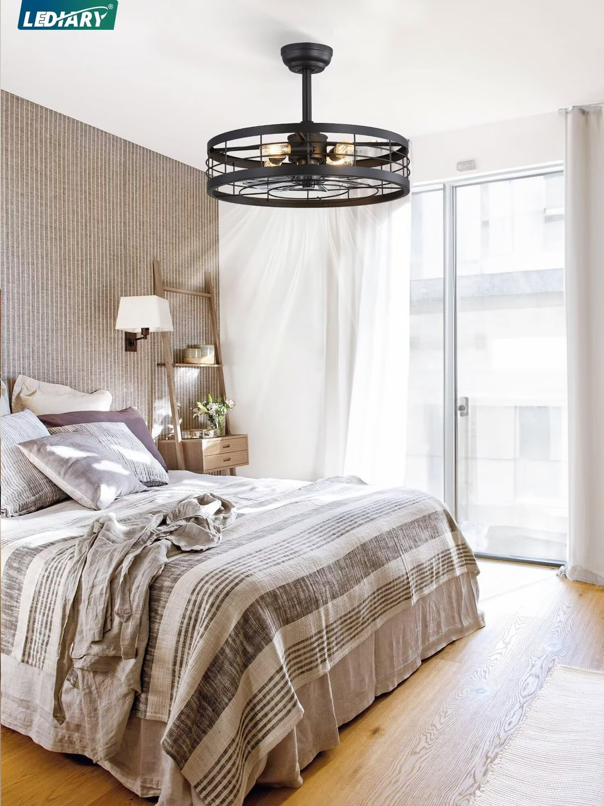LEDIARY 22-Inch Black Caged Ceiling Fan with Light — Remote, 6 Speeds, Timing