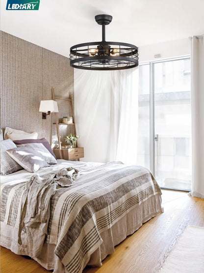 LEDIARY 22-Inch Black Caged Ceiling Fan with Light — Remote, 6 Speeds, Timing