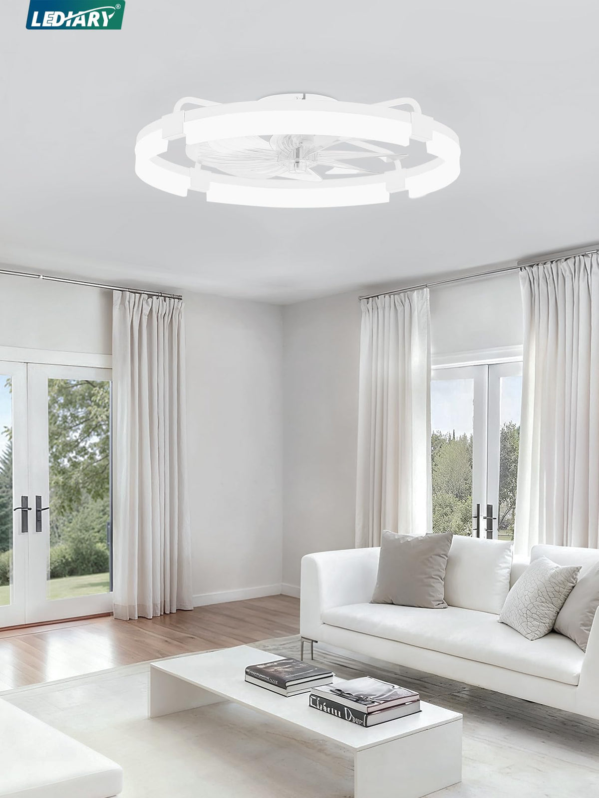 LEDIARY 24-inch Ceiling Fans with Lights & Remote — Low Profile Flush Mount, 3 CCT, Stepless Dimming, 6-Speed DC Motor, App & Remote