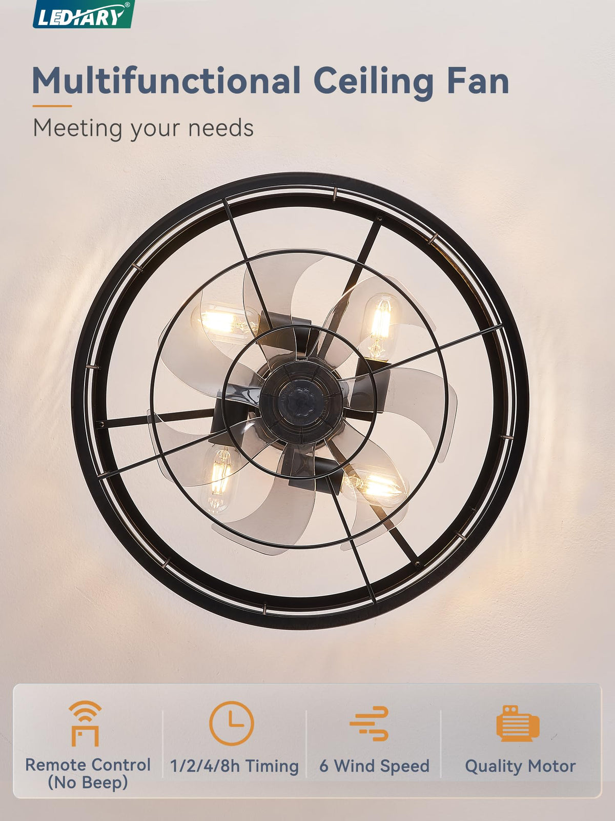 LEDIARY 20-Inch Fandelier Caged Ceiling Fan with Light | Remote, 6 Speed, Timing – Black