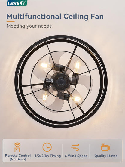 LEDIARY 20-Inch Fandelier Caged Ceiling Fan with Light | Remote, 6 Speed, Timing – Black