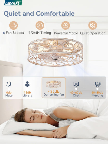LEDIARY Caged Ceiling Fan with Lights — White Gold Flush Mount, Remote & App Control