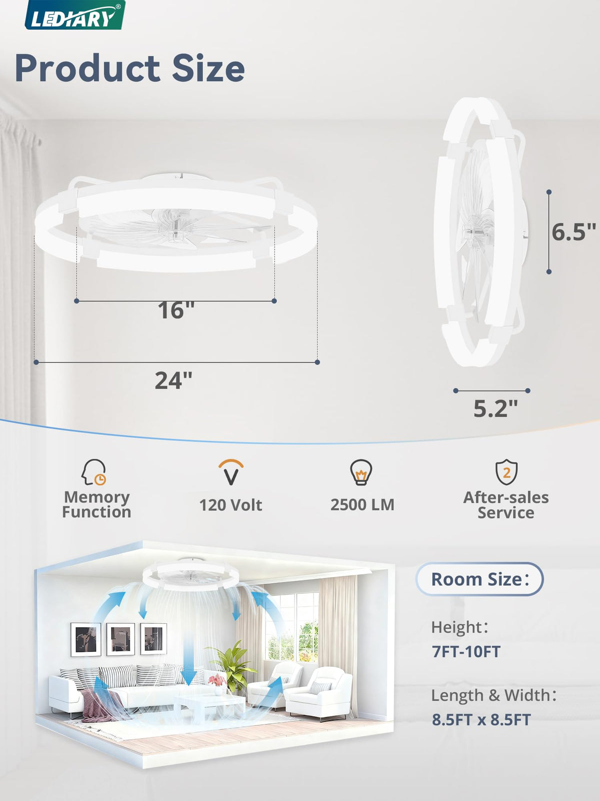 LEDIARY 24-inch Ceiling Fans with Lights & Remote — Low Profile Flush Mount, 3 CCT, Stepless Dimming, 6-Speed DC Motor, App & Remote