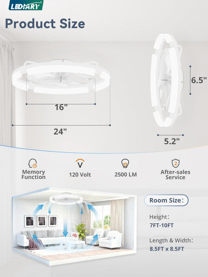 LEDIARY 24-inch Ceiling Fans with Lights & Remote — Low Profile Flush Mount, 3 CCT, Stepless Dimming, 6-Speed DC Motor, App & Remote