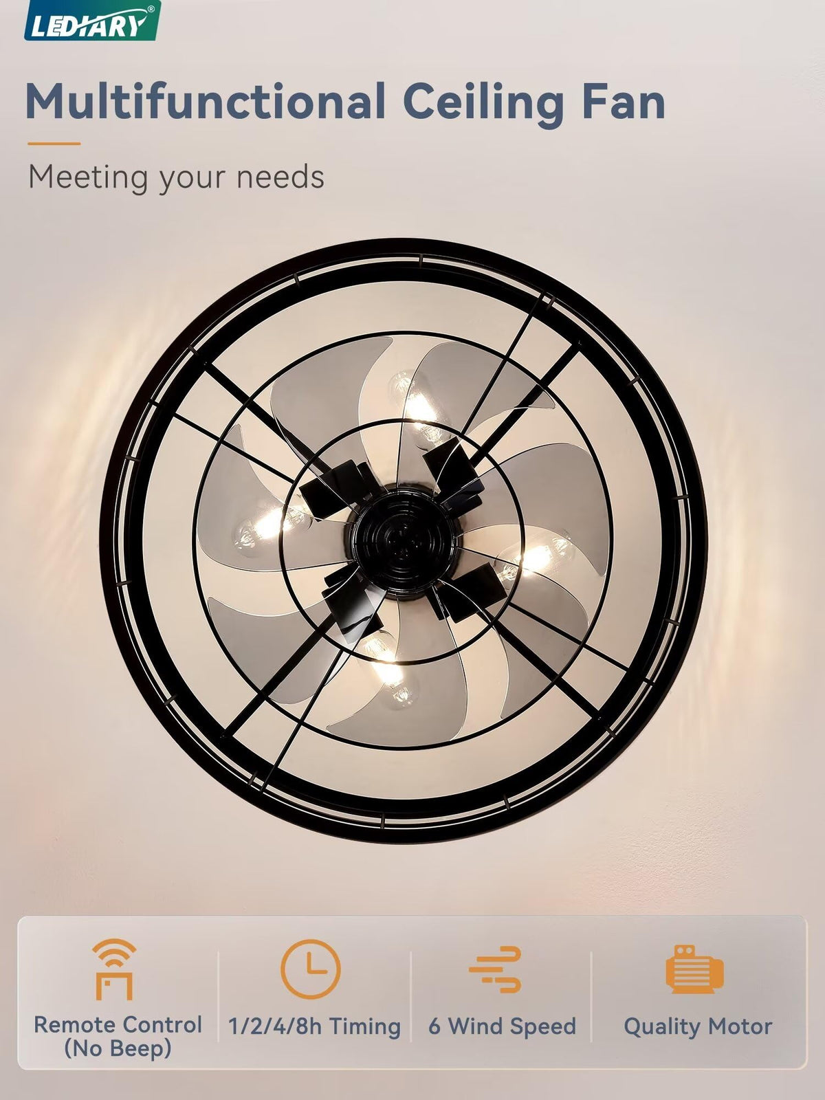LEDIARY 22-Inch Black Caged Ceiling Fan with Light — Remote, 6 Speeds, Timing