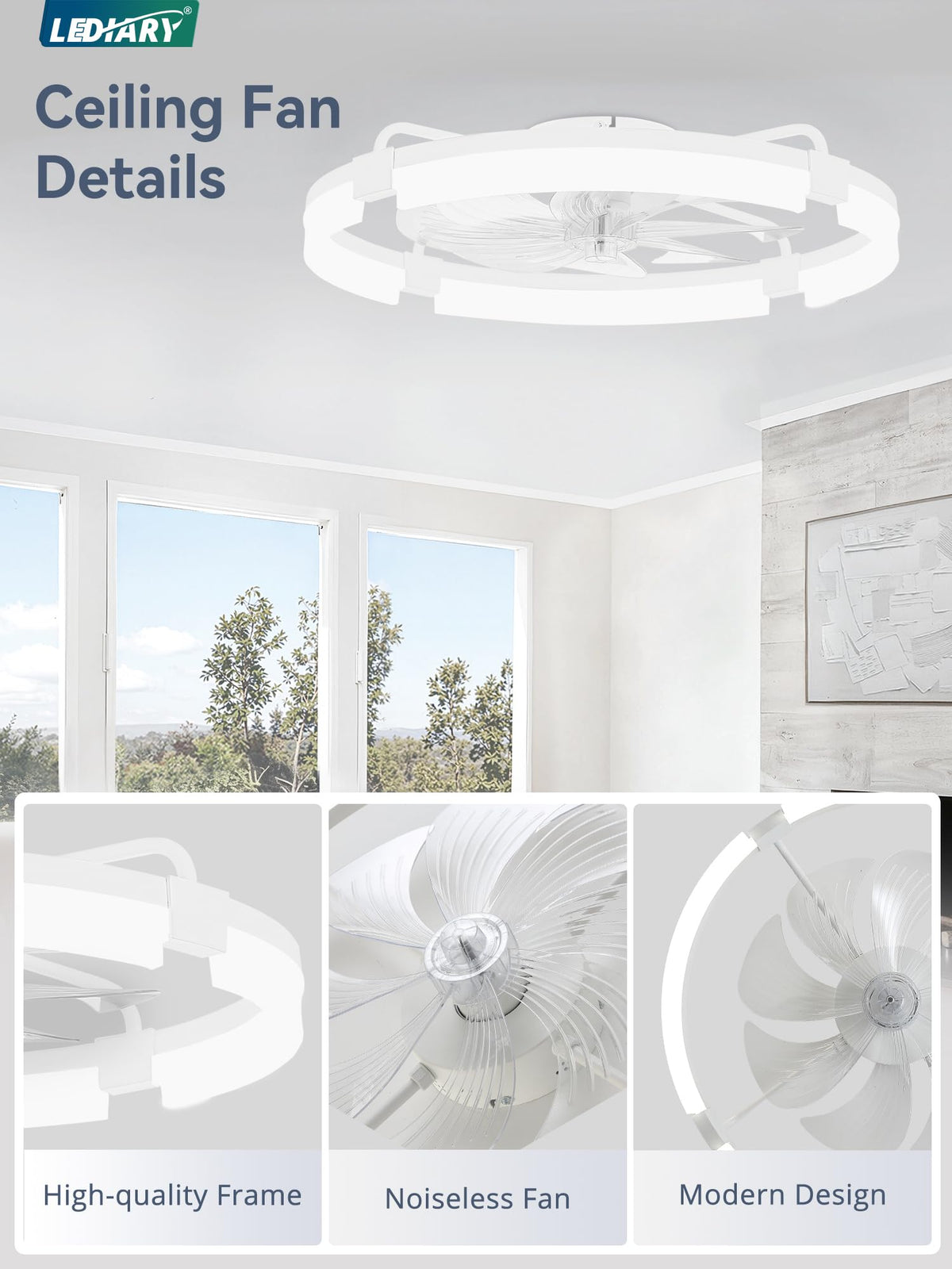 LEDIARY 24-inch Ceiling Fans with Lights & Remote — Low Profile Flush Mount, 3 CCT, Stepless Dimming, 6-Speed DC Motor, App & Remote