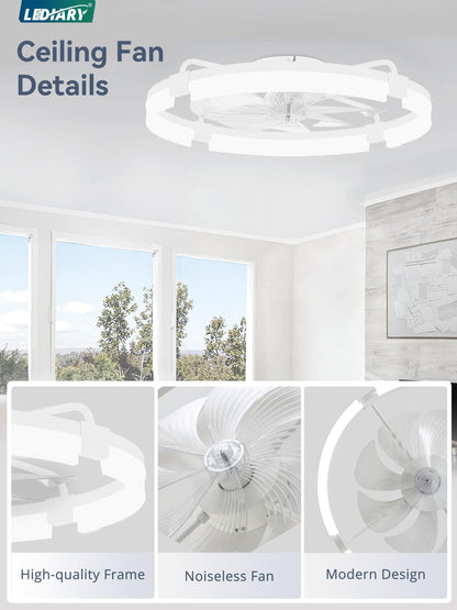LEDIARY 24-inch Ceiling Fans with Lights & Remote — Low Profile Flush Mount, 3 CCT, Stepless Dimming, 6-Speed DC Motor, App & Remote