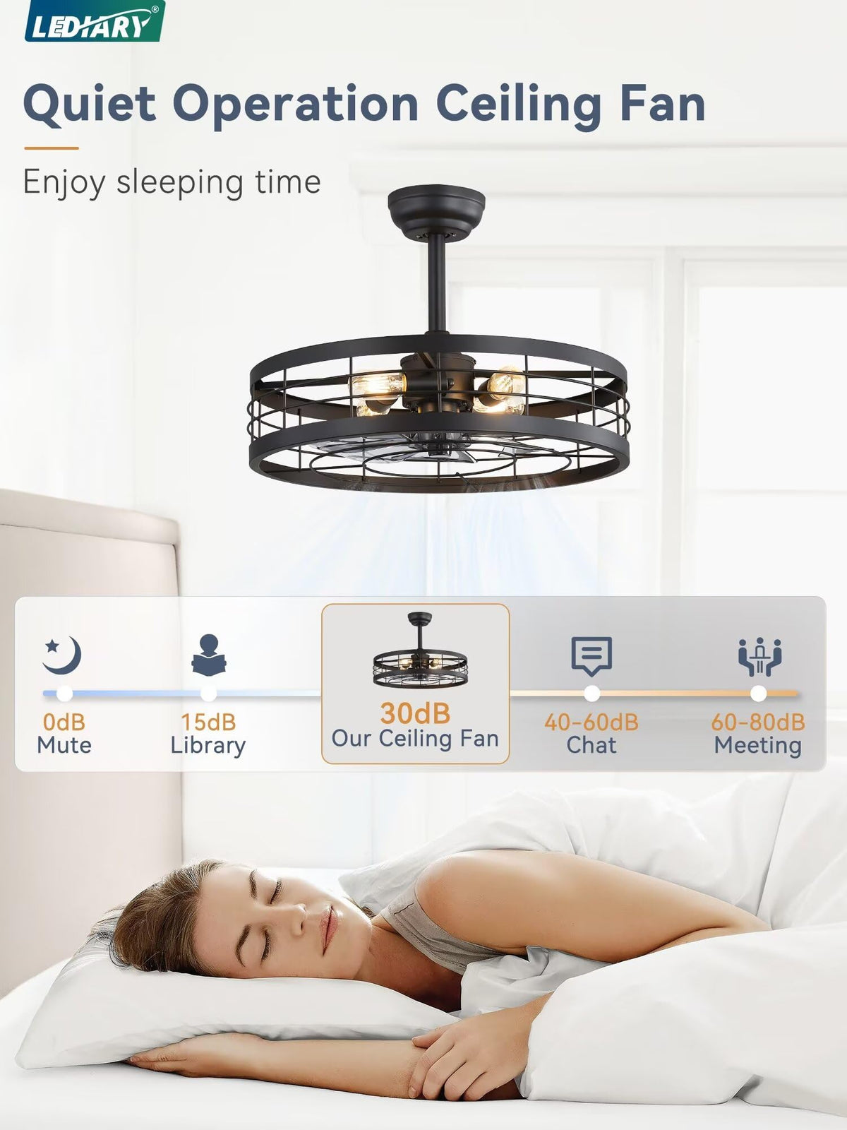 LEDIARY 22-Inch Black Caged Ceiling Fan with Light — Remote, 6 Speeds, Timing
