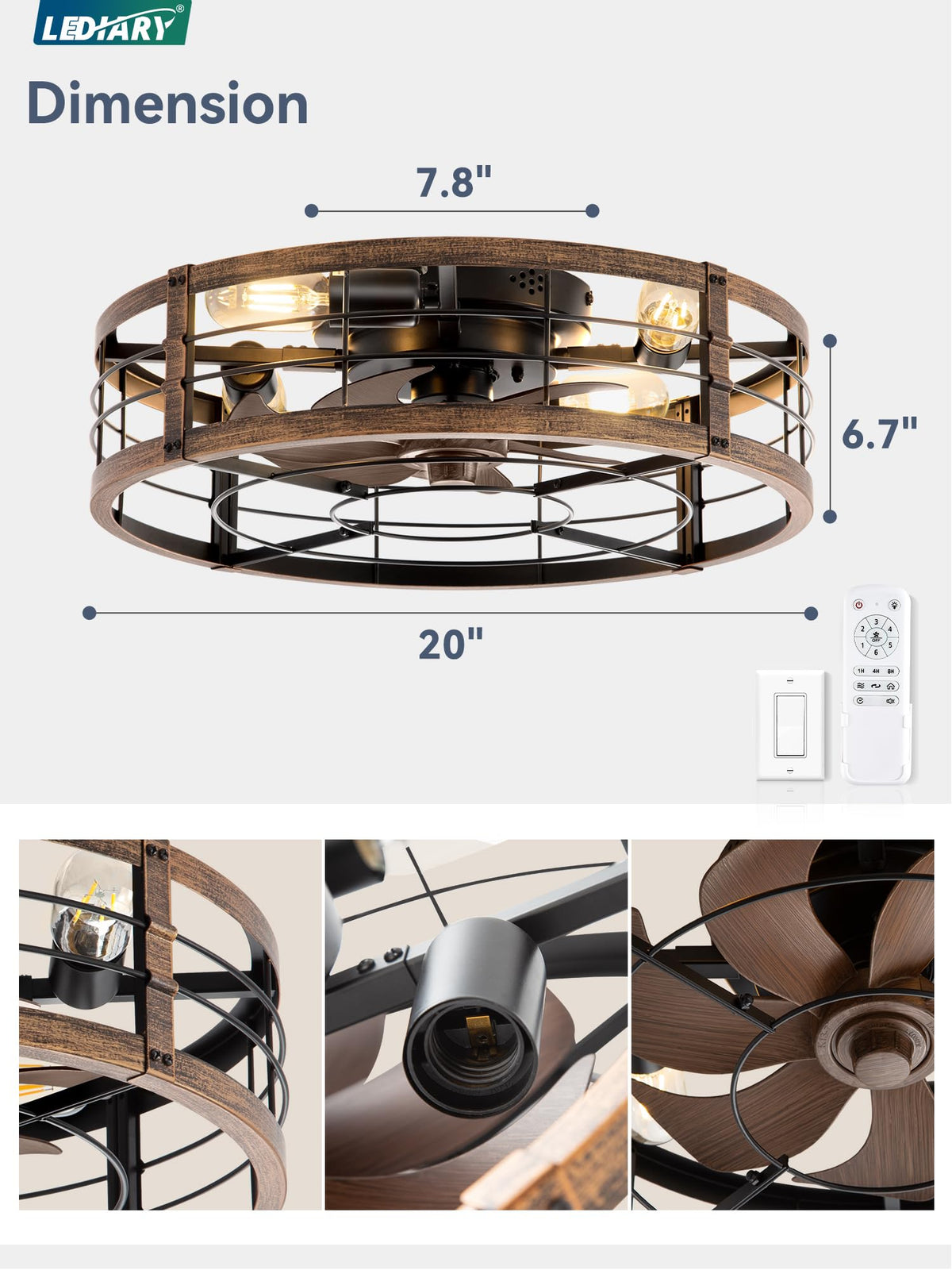 LEDIARY 20-Inch Caged Ceiling Fan with Light & Remote — Low-Profile Black Gold Fandelier