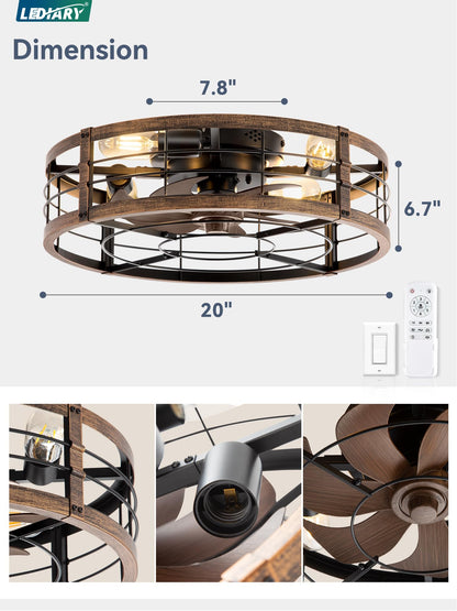 LEDIARY 20-Inch Caged Ceiling Fan with Light & Remote — Low-Profile Black Gold Fandelier