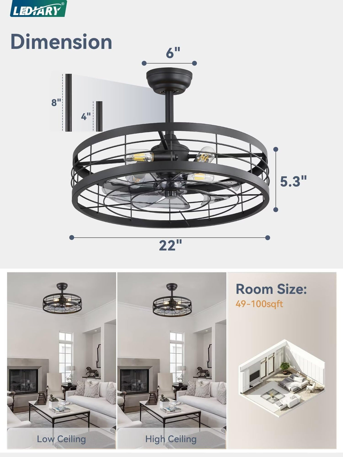 LEDIARY 22-Inch Black Caged Ceiling Fan with Light — Remote, 6 Speeds, Timing