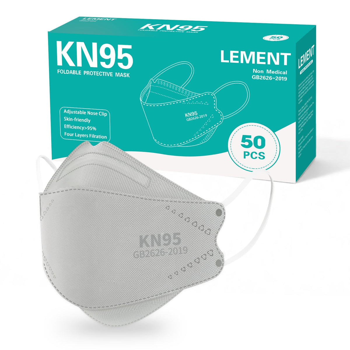 LEMENT KN95 Face Masks – 50 Pack Grey, 95%+ Filtration, 3D Comfort Fit