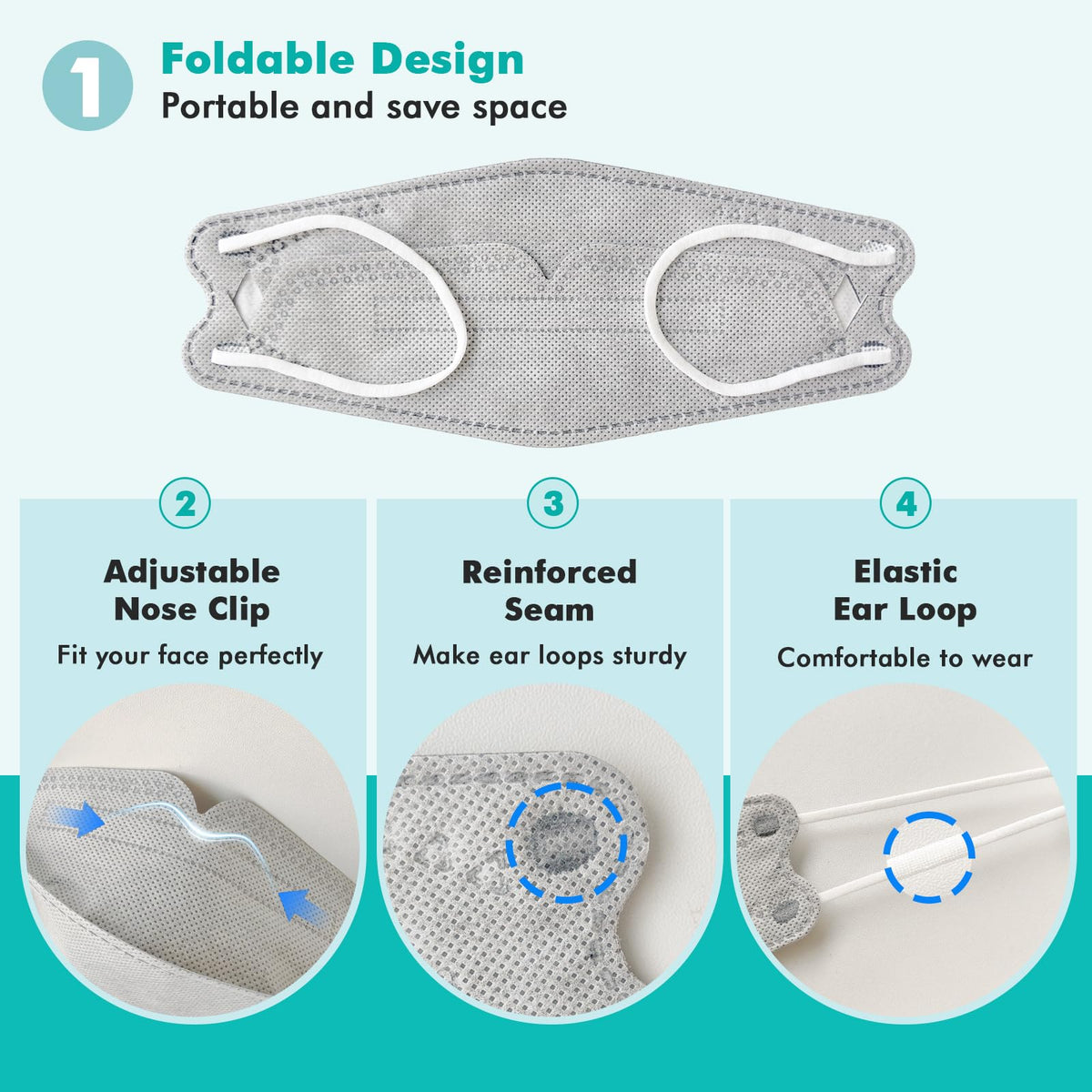 LEMENT KN95 Face Masks – 50 Pack Grey, 95%+ Filtration, 3D Comfort Fit
