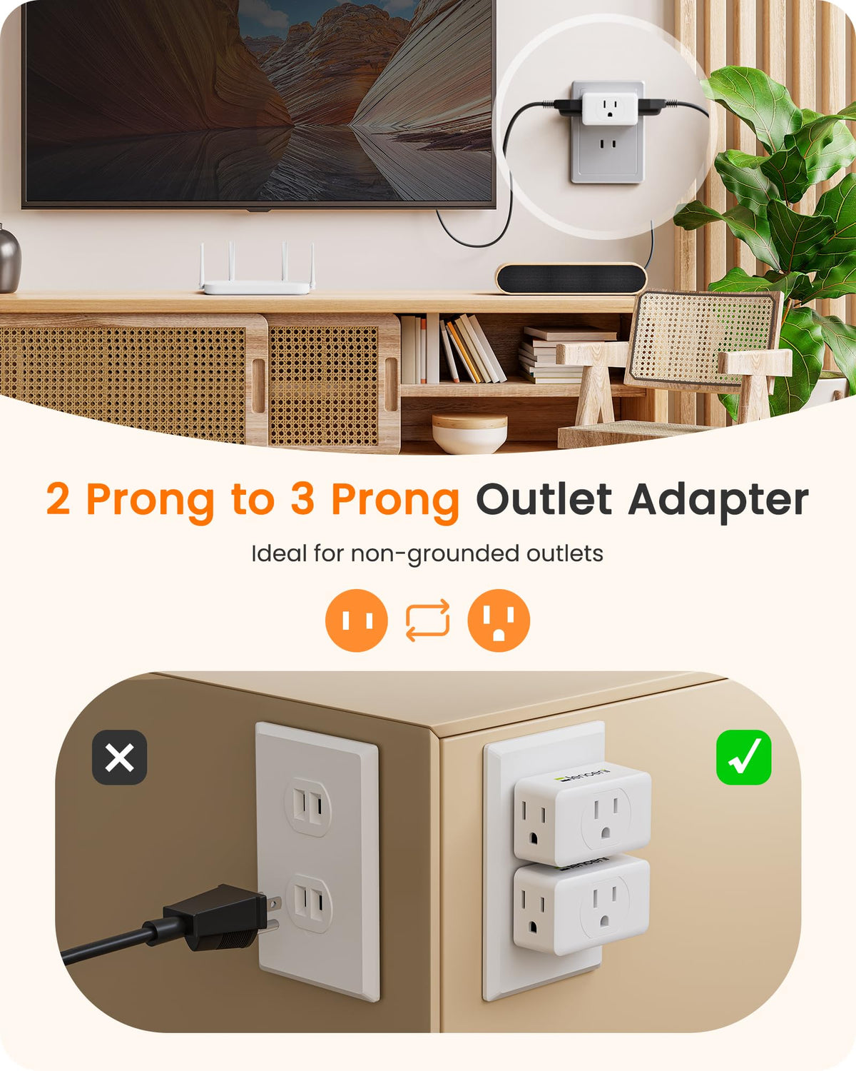 LENCENT 2 Prong to 3 Prong Outlet Adapter – Wall Plug Extender, 4 Pack