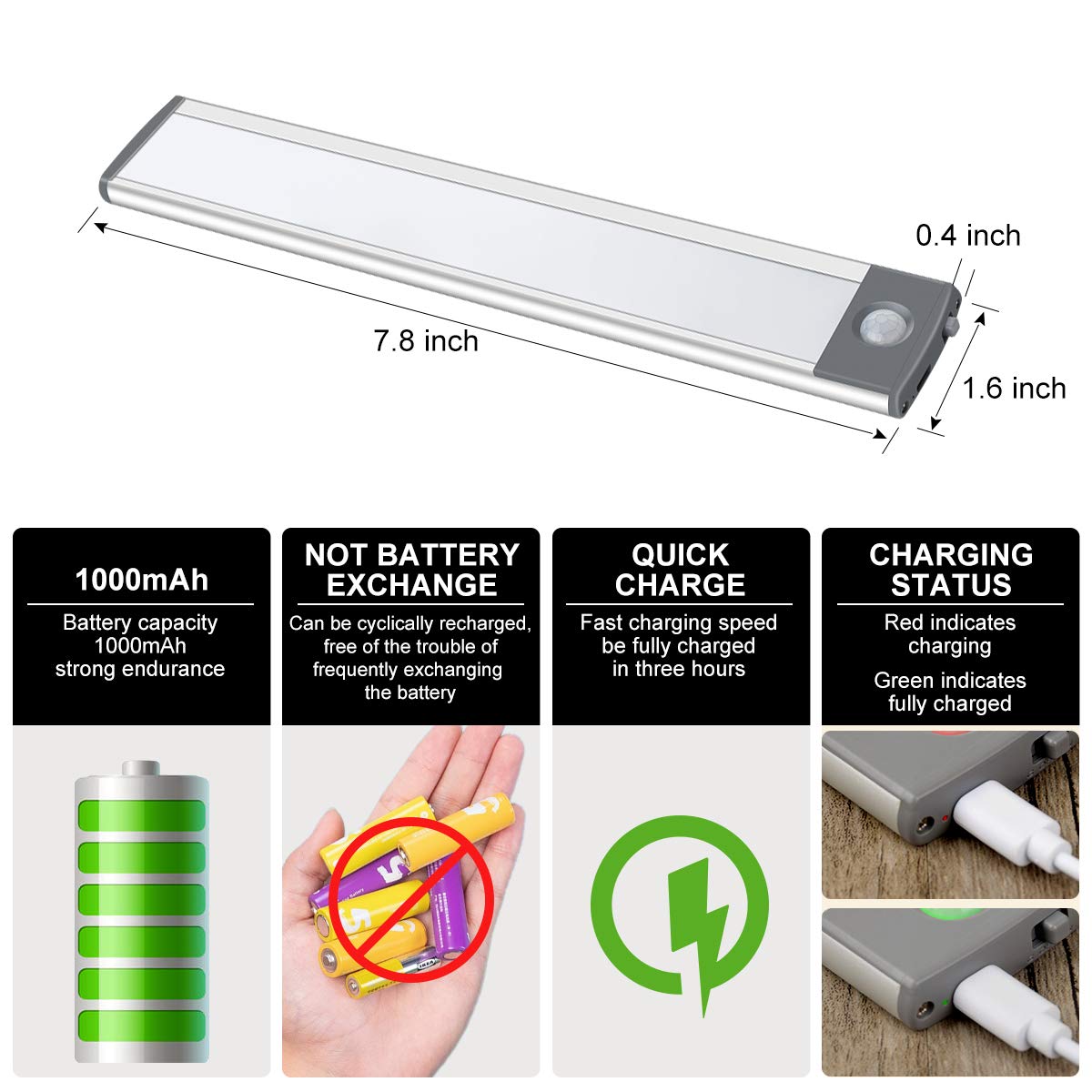 LEPOTEC 30-LED Motion Sensor Cabinet Light – 2 Pack, USB Rechargeable, Warm Under-Cabinet Lighting
