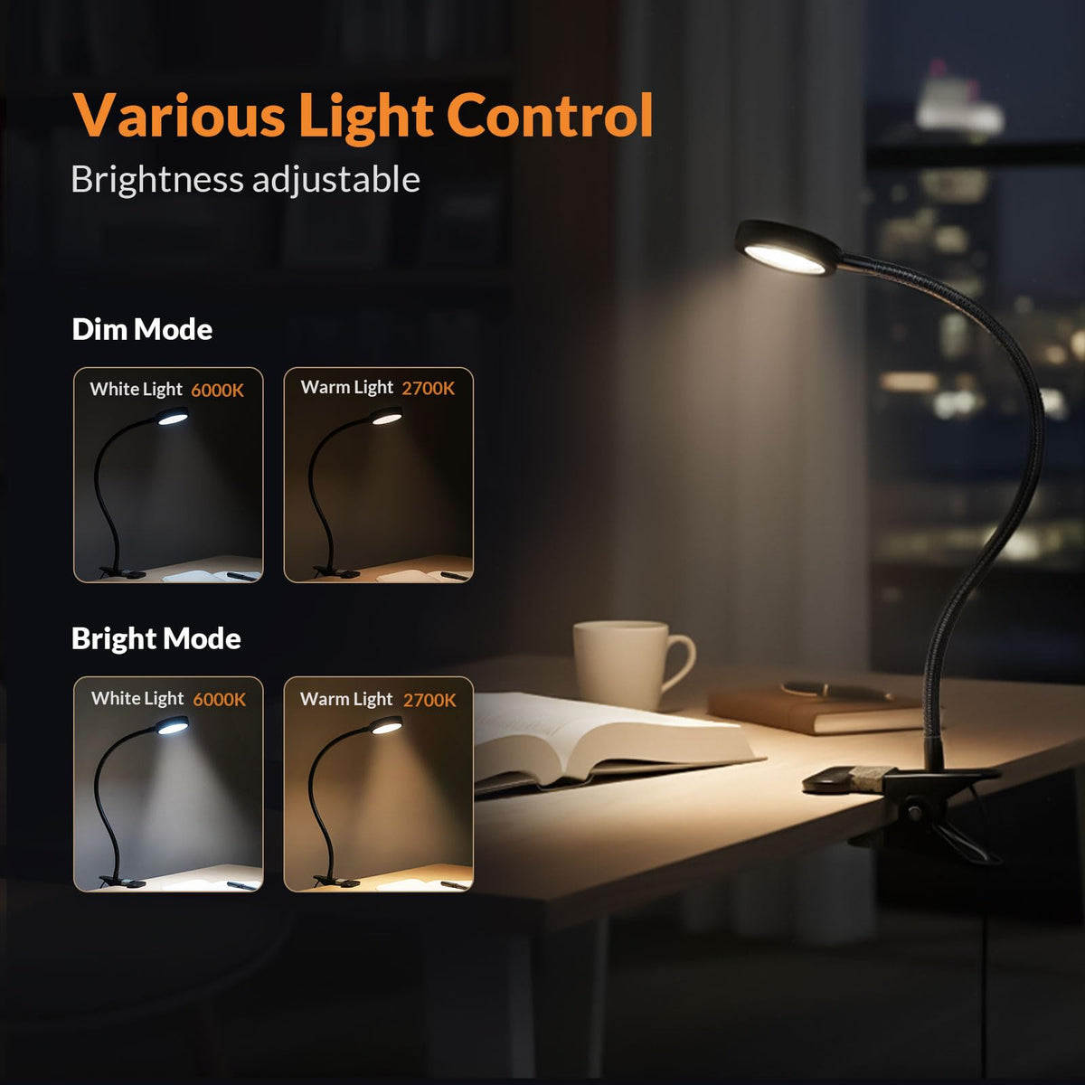 LEPOWER Clip-On Light - Adjustable Reading Lamp with Gooseneck and Adapter Included | Color Changeable