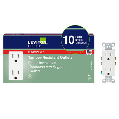 Leviton 15 Amp Decora Tamper-Resistant Duplex Outlet, 10 Pack, T5325-WMP, White