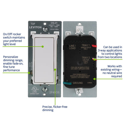 Leviton Decora Slide LED Advanced Dimmer Switch DSL01-LW – 150W, White