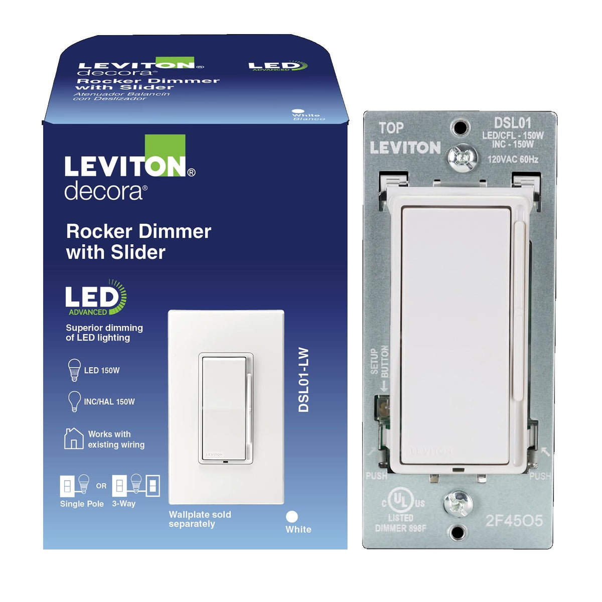 Leviton Decora Slide LED Advanced Dimmer Switch DSL01-LW – 150W, White
